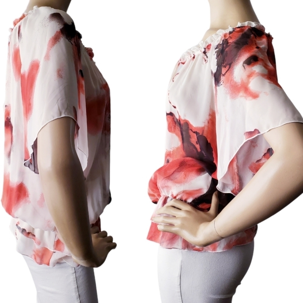 AB Studio Red & White Ruffled Chiffon Blouse - Picture 4 of 8